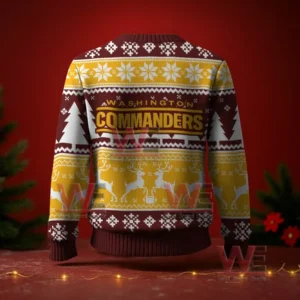 Washington Commanders themed Christmas sweater with snowflakes, trees, and reindeer in burgundy and gold.