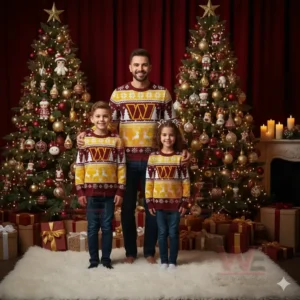 Washington Commanders NFL Christmas Ugly Sweater 2025 4 Family wearing matching Washington Commanders Christmas sweaters posing between decorated trees with presents.