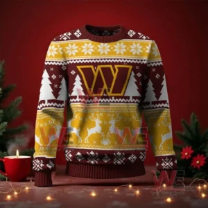 Washington Commanders NFL Christmas Ugly Sweater 2025 5 Washington Commanders logo Christmas sweater decorated with snowflakes, reindeer, and trees in burgundy, gold, and white.