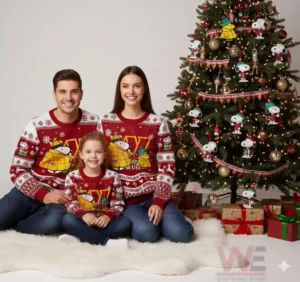 Family wearing matching Washington Commanders-themed sweaters with Snoopy by a Christmas tree.