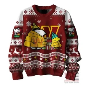 Washington Commanders Premium NFL Peanuts Snoopy Ugly Sweater 6 Front view of a red Washington Commanders sweater with Snoopy and Woodstock in winter attire.