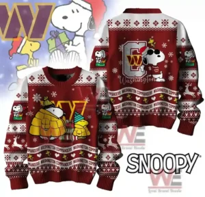 Washington Commanders Premium NFL Peanuts Snoopy Ugly Sweater 7 Front and back view of a red Washington Commanders sweater with Snoopy and Woodstock.