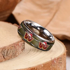Silver ring on wood showing dark olive band with repeating festive emblem designs!