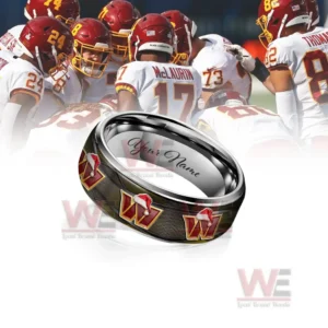 Customizable silver ring with dark olive festive emblem pattern before a football team background!