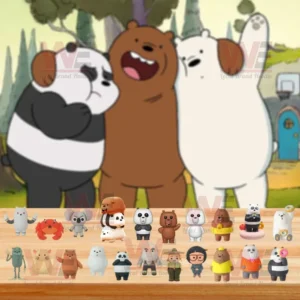 We Bare Bears miniature figures on wooden surface with cartoon background of the three bears hugging!