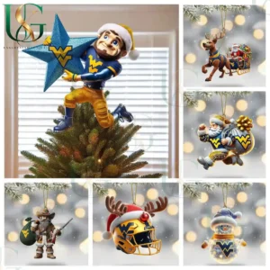 West Virginia Mountaineers Christmas ornaments featuring the team mascot, Santa, reindeer, and snowman, all in team colors!