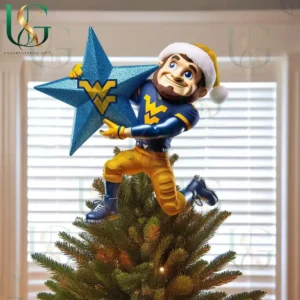 West Virginia Mountaineers Christmas Tree Topper With Ornament 14 West Virginia Mountaineers mascot climbing the Christmas tree and holding a team-branded star ornament!