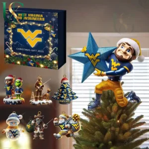 West Virginia Mountaineers Christmas Tree Topper With Ornament 15 West Virginia Mountaineers themed Christmas ornaments featuring a snowman, reindeer, Santa, and more, in a festive holiday setting with a team gift box!