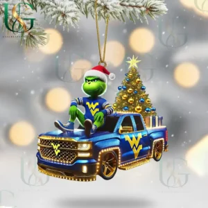 West Virginia Mountaineers Christmas Tree Topper With Ornament 16 Grinch in a West Virginia Mountaineers-themed truck with a Christmas tree in the truck bed!