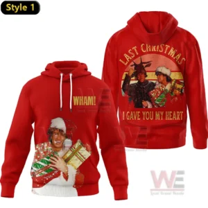Red hoodie with a cheerful holiday graphic showing two people holding presents in a snowy scene!