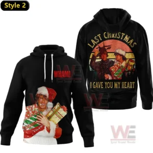 Black hoodie with a vintage style holiday graphic of two people holding presents in a snowy setting!