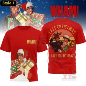 Red tshirt with a festive graphic of two people holding holiday gifts in a snowy scene!