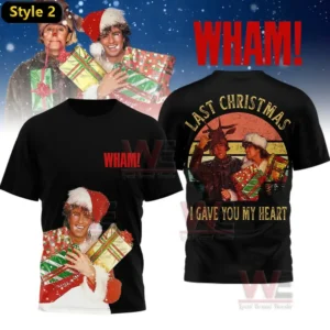 Black tshirt with a cheerful holiday graphic of two people holding presents in a snowy scene!