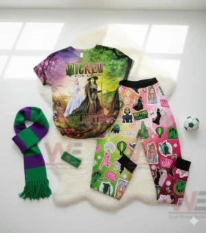 A colorful Wicked themed pajama set with a character shirt and multicolored patterned pants laid out on a white surface with a green and purple scarf beside it!