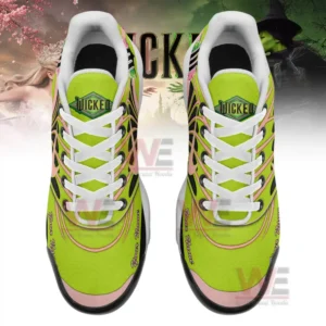 Alt text: A top-down view of Nike Air Max shoes with green and pink design, showing the 