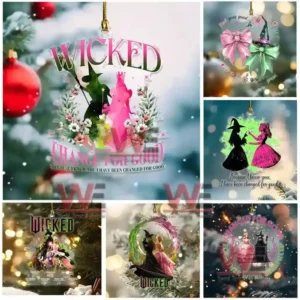 Alt text: Wicked-themed ornament featuring Elphaba and Glinda with the text Change for Good.