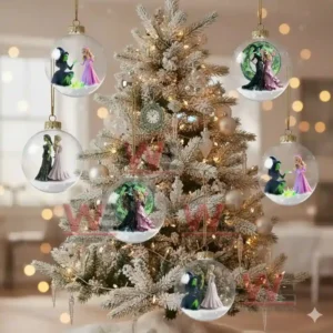 WICKED Christmas Ornament 11 Snowy tree decorated with clear ornaments showing witch themed scenes.