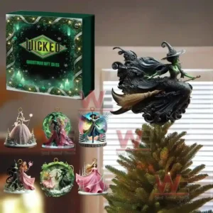 Gift set with witch tree topper and six magical winter themed ornaments.