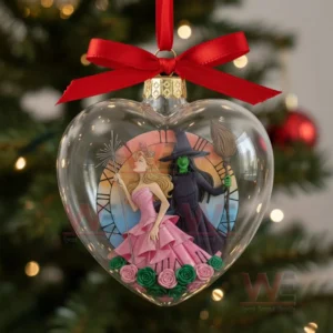 Heart ornament showing two witches with a clock backdrop and roses.