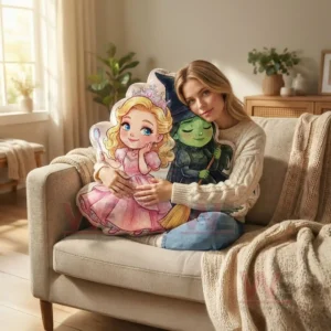Wicked Elphaba and Glinda Irregularly Shaped Flannel Pillow 3 A woman on a beige sofa hugs a plush pillow of a blonde princess and a green skinned witch!
