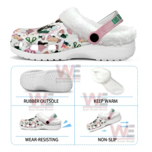 A fleece lined clog with colorful themed graphics displayed next to feature icons showing outsole lining durability and non slip qualities!