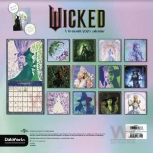 Back cover showing grid of character portraits and a sample January calendar page.