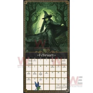Witchlike character in green forest above February calendar grid.