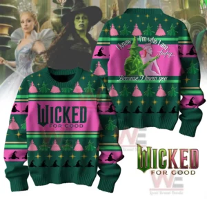 A green and pink Wicked themed sweater decorated with character silhouettes and dramatic patterns!