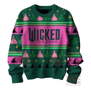 Wicked for Good I know I'm Who I am Because I knew You Ugly Sweater 4 The front of a green and pink Wicked themed sweater with bold lettering and repeating character graphics!