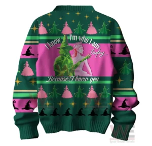 Wicked for Good I know I'm Who I am Because I knew You Ugly Sweater 5 The back of a green and pink Wicked themed sweater featuring character artwork and decorative patterns!