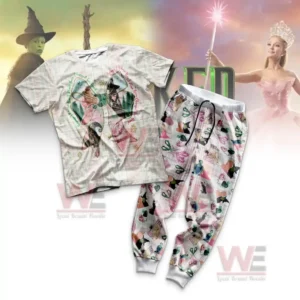 "Wicked" themed pajamas set with t-shirt and pants featuring colorful illustrations.