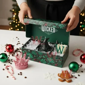 A festive box containing themed candles shaped as a crown a witch hat and a letter W displayed with holiday decor!