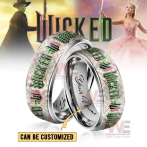 Two silver rings with patterned Wicked themed bands and customizable inner engraving!