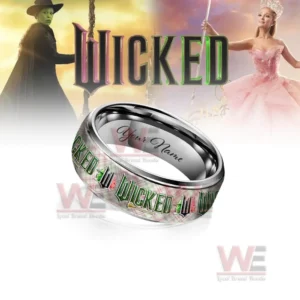 Customizable silver ring with patterned Wicked themed band before a Wicked movie background!