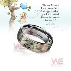 Customizable silver ring with beige Winnie the Pooh illustrated band before a themed artwork background!