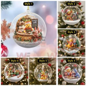 A set of Christmas ornaments showcasing Winnie the Pooh and friends inside transparent globes filled with snowlike details and colorful decorations!
