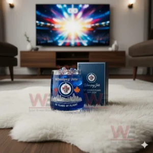 A Winnipeg Jets glass and box positioned on a white rug with a vivid screen visible behind them!