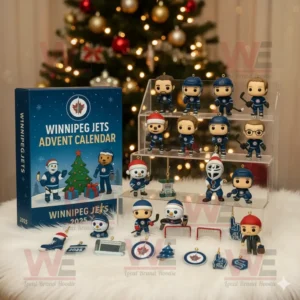 Display of Winnipeg Jets 2025 Advent Calendar figures and ornaments in front of a Christmas tree!
