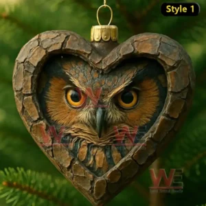 A heart shaped wooden ornament holding a realistic owl face with bright eyes nestled among tree branches!