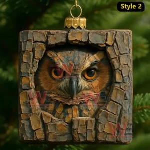 A square carved wooden ornament featuring a realistic owl face framed by textured wood pieces!
