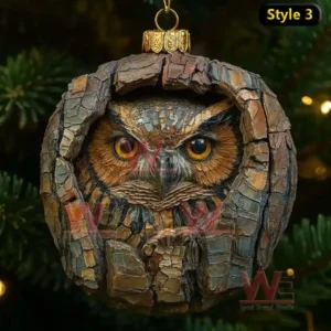 A round rustic wooden ornament with a lifelike owl face set inside a bark textured frame!```