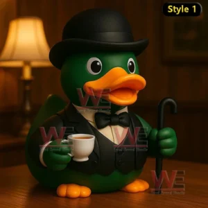 Gentleman rubber duck with top hat bow tie cane and teacup.