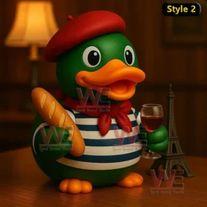 French themed rubber duck with beret wine glass baguette and Eiffel Tower.