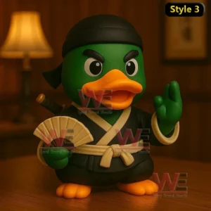 Ninja rubber duck in black outfit with fan and sword.