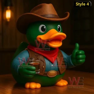 Cowboy rubber duck with hat red bandana and drink glass.