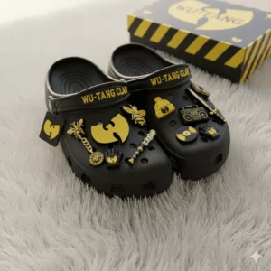 Wu Tang Clan Crocs with themed charms and matching logo box.