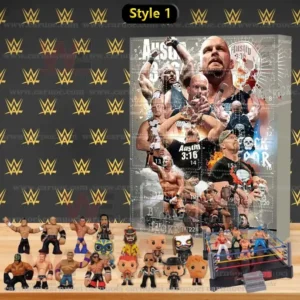 WWE advent calendar box with wrestler artwork miniature figures and wrestling ring on wooden surface!