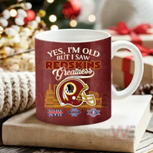 Red mug with football team helmet and championship graphics on a Christmas styled table!