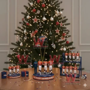 Denver Broncos figurines under a Christmas tree with a message that reads, "YES, I'M OLD BUT I SAW BRONCOS GREATNESS."