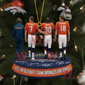 Yes Im Old but I saw Broncos Greatness Ornament 3 Close-up of collectible Denver Broncos figurines with a Christmas tree and a message,